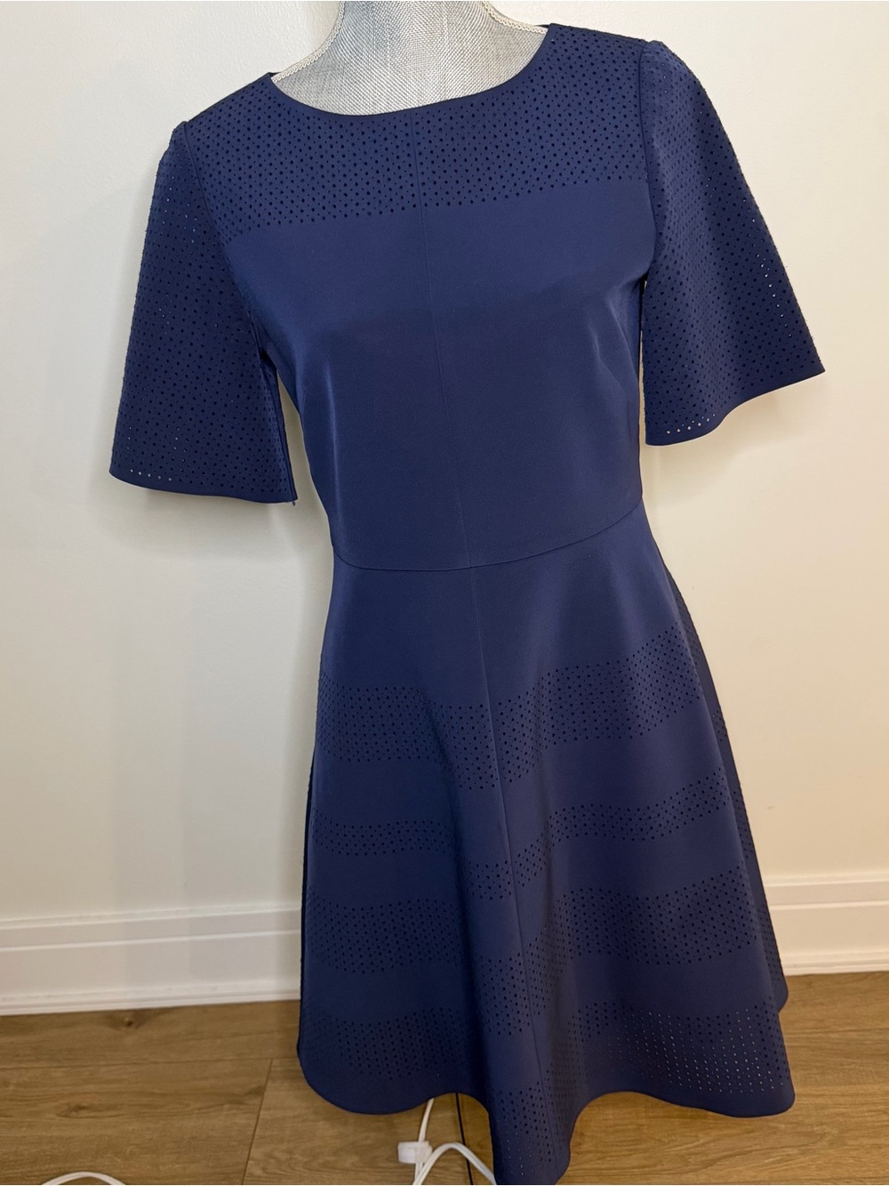 Lafayette 148 New York Navy Perforated Fit & Flare Midi Dress, size 4
